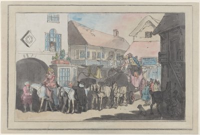 Scenecoach og ryttere i gården til et vertshus, forbereder seg til avreise, 1789-95., 1789-95. av Thomas Rowlandson