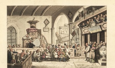 Søndagsgudstjeneste i en landskirke, Regency Era av Thomas Rowlandson