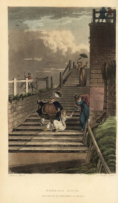 Terrassetrinn: turister faller ned trappene til Cliff Terrace. Håndfarget kobberstikk av Thomas Rowlandson, akvatint av J.C. Stadler, etter en skisse av J. Green fra Poetical Sketches of Scarborough, Ackermann, London av Thomas Rowlandson