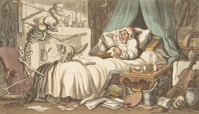 Antikvarens siste vilje og testamente Den engelske dødsdansen, plate 2, Ap..., 1. april 1814. av Thomas Rowlandson