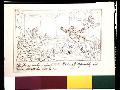 Baronen holder en tale til nasjonalforsamlingen og driver ut alle medlemmene (penn og blekk og akvarell på papir) av Thomas Rowlandson