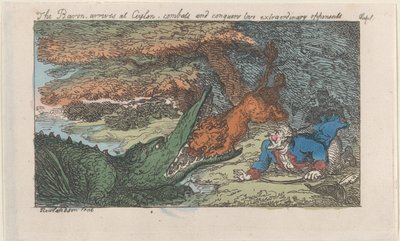 Baronen ankommer Ceylon, bekjemper og erobrer to ekstraordinære motstandere, [1809], gjenutgitt 1811. av Thomas Rowlandson