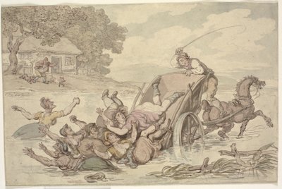 "The Carter and the Gypsies": En vogn snudde i en bekk og tippet en gruppe kvinner i vannet av Thomas Rowlandson