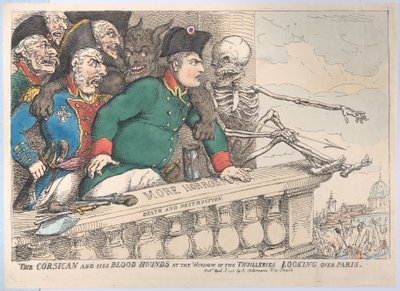 Korsikaneren og hans blodhunder ved vinduet til Thuilleriene ser over P..., 16. april 1815. av Thomas Rowlandson