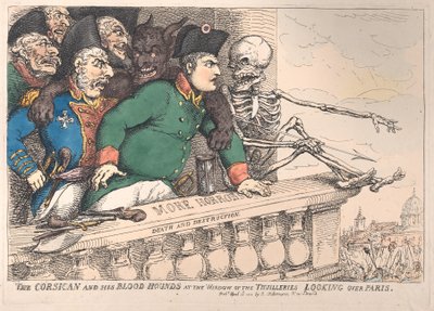 Korsikaneren og hans blodhunder ved vinduet til Thuilleriene ser over P..., 16. april 1815. av Thomas Rowlandson