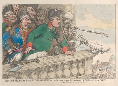 Korsikaneren og hans blodhunder ved vinduet til Thuilleriene ser over P..., 16. april 1815. av Thomas Rowlandson