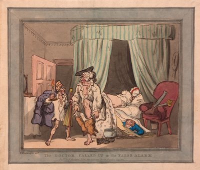The Doctor Called Up eller den falske alarmen, pub. 1786 (håndfarget gravering) av Thomas Rowlandson