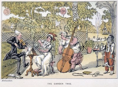 The Doctor Playing the Fiolin: “” The Garden Trio””” - i “” Doctor Syntax sine tre turneer: på jakt etter den pittoreske trøsten og en kone”” av William Combe, ill. Rowlandson av Thomas Rowlandson