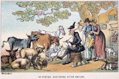 The Doctor henter gårdsdyr fra naturen - i "" Doctor Syntax sine tre turer: på jakt etter den pittoreske trøsten og en kone"" av William Combe, ill. Rowlandson av Thomas Rowlandson