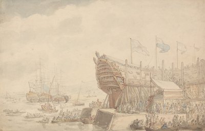 Sjøsettingen av H.M.S. «Hibernia» i 1804 av Thomas Rowlandson