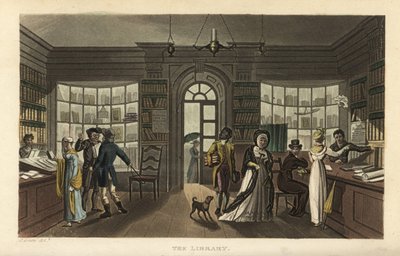 Biblioteket. Kunder, inkludert en kvinne og hennes svarte tjener, ser på nye bøker i et sirkulerende bibliotek (kanskje Ainsworths eller Saums eller Whitings). Håndfarget kobberstikk av Thomas Rowlandson etter en skisse av J. Green fra Poetical S av Thomas Rowlandson