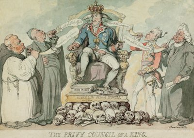 The Privy Council of a King, pub. 1815 (håndfarget gravering) av Thomas Rowlandson