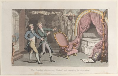 Profeten oppdager seg selv og avslører bedraget, fra Journal of Sentimental T..., 1821. av Thomas Rowlandson