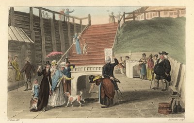 The Spa Wells: Turister som drikker spavannet fra brønnene ved Scarborough Spaw. Håndfarget kobberstikk av Thomas Rowlandson, akvatint av J. C. Stadler, etter en skisse av J. Green fra Poetical Sketches of Scarborough, Ackermann, London av Thomas Rowlandson