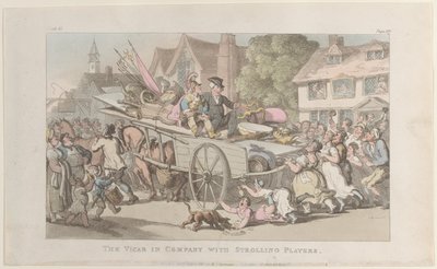 The Vicar i selskap med Strolling Players, fra The Vicar of Wakefield, 1. mai ..., 1. mai 1817. av Thomas Rowlandson