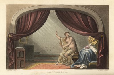 The Warm Bath: naken kvinne som tar et bad bak gardiner i et Regency-rom. Sagt å være et portrett av Mary Robinson, elskerinnen til kong George IV. Håndfarget kobberstikk av Thomas Rowlandson, akvatint av J. Bluck, etter en skisse av J. Green fra P av Thomas Rowlandson
