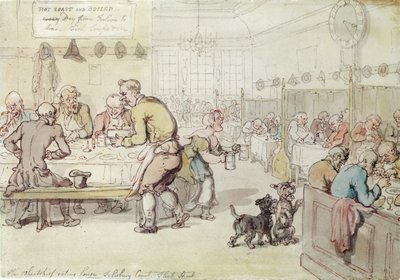 The Wheatsheaf Eating House, Salisbury Court, Fleet Street (blekk og wc på papir) av Thomas Rowlandson
