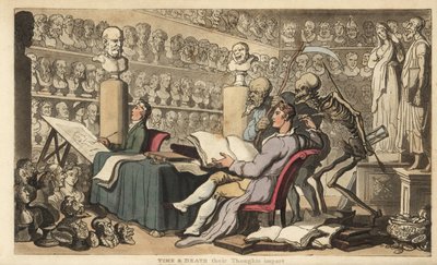 Figurene av Tid med ljå og Døden med spyd og timeglass står bak en kunstner med en fjærpenntegning i et atelier fylt med klassiske byster og skulpturer. Håndfarget kobberplate tegnet og gravert av Thomas Rowlandson fra The Eng av Thomas Rowlandson