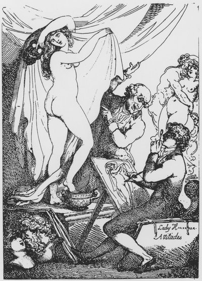 Den fremtidige Lady Hamilton poserer som Hygeia, helsegudinnen, ved Dr James Grahams Temple of Aesculapius av Thomas Rowlandson