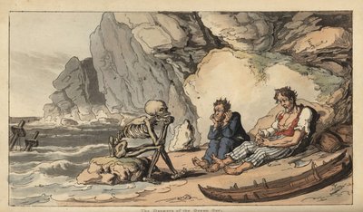 Skjelettfiguren Døden sitter på en strand med to skipbrudne sjømenn. Håndfarget kobberplate tegnet og gravert av Thomas Rowlandson fra The English Dance of Death, Ackermann, London av Thomas Rowlandson