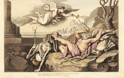 Skjelettet av Død og Fader Tid brer seg under Evighetens engel. Håndfarget kobberplate tegnet og gravert av Thomas Rowlandson fra The English Dance of Death, Ackermann, London av Thomas Rowlandson