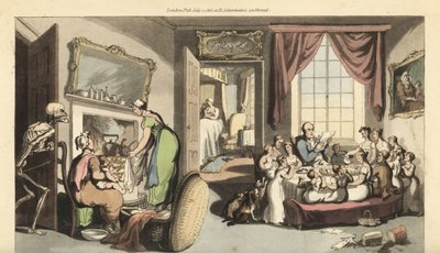 Dødens skjelett dukker opp i stuen til en stor familie for å ta et barn eller nyfødt baby. Håndfarget kobberplate tegnet og gravert av Thomas Rowlandson fra The English Dance of Death, Ackermann, London av Thomas Rowlandson