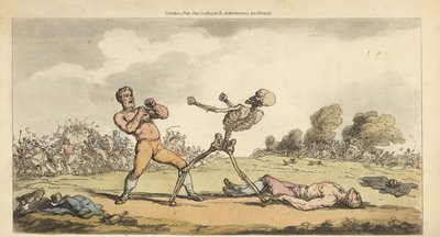 Skjelettet av Døden bokser med en bareknuckle premiejager mens en annen bokser ligger på bakken og mengden flykter i redsel. Håndfarget kobberplate tegnet og gravert av Thomas Rowlandson fra The English Dance of Death, Ackermann, London av Thomas Rowlandson