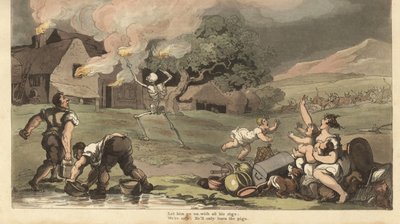 Dødens skjelett brenner ned et hus med fakler mens en familie prøver å redde skattene og slukke brannen med bøtter med vann fra dammen. Håndfarget kobberplate tegnet og gravert av Thomas Rowlandson fra The English Dance of Death, Ackerm av Thomas Rowlandson