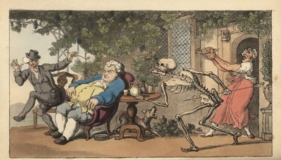 Skjelettet til Døden kommer for Tom Higgins, en murergutt som har gått ut på dato og venter på en rett utenfor et vertshus. Håndfarget kobberplate tegnet og gravert av Thomas Rowlandson fra The English Dance of Death, Ackermann, London av Thomas Rowlandson