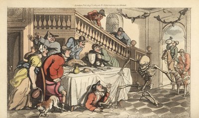 Dødens skjelett kommer etter en jeger mens han gjemmer seg under et bord etter en revejakt. Håndfarget kobberplate tegnet og gravert av Thomas Rowlandson fra The English Dance of Death, Ackermann, London av Thomas Rowlandson