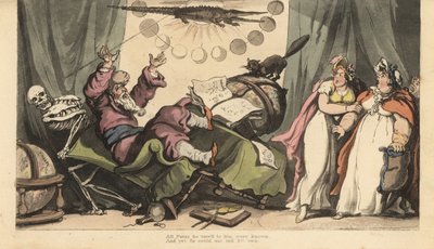 Dødens skjelett kommer for spåkonen på rommet hans dekorert med planetkloder, astrologibøker og krokodille. To dameklienter ser forskrekket på. Håndfarget kobberplate tegnet og gravert av Thomas Rowlandson fra The English Dance of Dea av Thomas Rowlandson