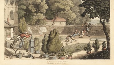 Dødens skjelett hjelper en grunneier å sikte med en muskett på gutter som tjuvfisker i hagen hans og prøver å flykte over en mur. Håndfarget kobberplate tegnet og gravert av Thomas Rowlandson fra The English Dance of Death, Ackermann, London av Thomas Rowlandson