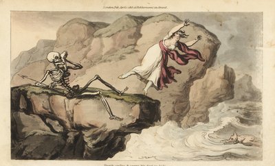 Dødens skjelett holder et lommetørkle til øyehulen hans mens en kvinne begår selvmord utenfor en klippe for å bli med sin druknede elsker. Håndfarget kobberplate tegnet og gravert av Thomas Rowlandson fra The English Dance of Death, Ackermann, London av Thomas Rowlandson