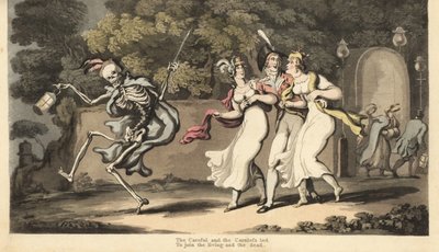Dødens skjelett i kappe og caps danser med en lykt foran en dandy i uniform og to skjønnheter i muslinkjoler og sjal. Den skjødesløse og forsiktige. Håndfarget kobberplate tegnet og gravert av Thomas Rowlandson fra The English Dance of Death av Thomas Rowlandson