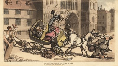 Skjelettet til Døden i kappe og lue kjører en tohestervogn mens den krasjer inn i veiarbeid og dreper passasjeren hans, en rettsoffiser. Håndfarget kobberplate tegnet og gravert av Thomas Rowlandson fra The English Dance of Death, Ackermann, London av Thomas Rowlandson