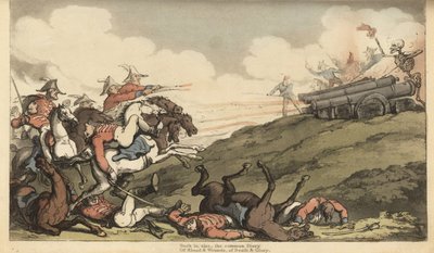 Dødens skjelett avfyrer en bølge av kanonild mot et engelsk kavaleriangrep. Håndfarget kobberplate tegnet og gravert av Thomas Rowlandson fra The English Dance of Death, Ackermann, London av Thomas Rowlandson