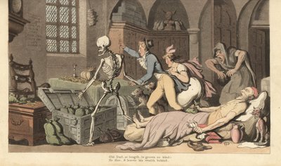 Dødens skjelett fører grådige barn til gullstammen til en gnier, som ligger død på en seng og holder et testamente og en pose med penger. Håndfarget kobberplate tegnet og gravert av Thomas Rowlandson fra The English Dance of Death, Ackermann, London av Thomas Rowlandson