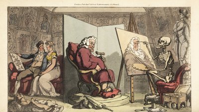 Skjelettet til Døden maler et portrett av en rådmann, mens den unge tjenestejenta hans flørter med en galant kunstner bak skjermen. Håndfarget kobberplate tegnet og gravert av Thomas Rowlandson fra The English Dance of Death, Ackermann, London av Thomas Rowlandson