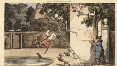 Dødens skjelett skyver en stige vekk fra en vegg og dreper en galant frier mens han prøver å stikke av med en skjønnhet. Jentas far skyter en muskett mot den fallende mannen. Håndfarget kobberplate tegnet og gravert av Thomas Rowlandson fra The English Dan av Thomas Rowlandson
