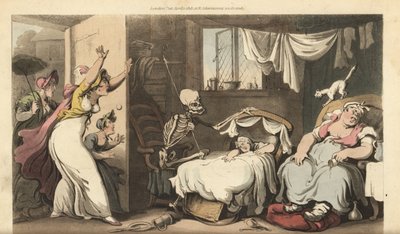 Dødens skjelett vugger i vuggen til en baby mens barnepiken sover og den fortvilte moren kommer hjem. Håndfarget kobberplate tegnet og gravert av Thomas Rowlandson fra The English Dance of Death, Ackermann, London av Thomas Rowlandson