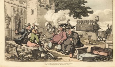 Dødens skjelett ryker pipe på en gravstein med menn som lever av døden – prest, graver, begraver, klokkemann, likbilsjåfør og advokat. Kirkegårdsdebatten. Håndfarget kobberplate tegnet og gravert av Thomas Rowlandson fra av Thomas Rowlandson