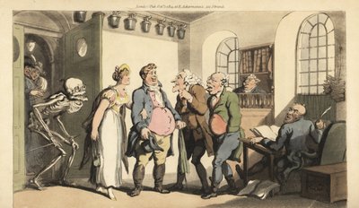 Skjelettet til Døden overrasker Ned Freeman når han besøker forsikringskontoret, og etterlater enken hans med en enorm sum. Håndfarget kobberplate tegnet og gravert av Thomas Rowlandson fra The English Dance of Death, Ackermann, London av Thomas Rowlandson