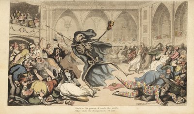 Skjelettet til Døden med pilen hans forårsaker et opprør blant harlekiner, jockeyer, nonner, tyrkere og tullinger på et maskeradeball. Håndfarget kobberplate tegnet og gravert av Thomas Rowlandson fra The English Dance of Death, Ackermann, London av Thomas Rowlandson