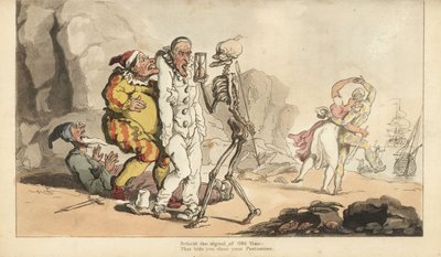 Dødens skjelett med timeglass og dart kommer for en pjerrot og andre klovner, mens en harlekin danser med en kvinne på en strand. Håndfarget kobberplate tegnet og gravert av Thomas Rowlandson fra The English Dance of Death, Ackermann, London av Thomas Rowlandson