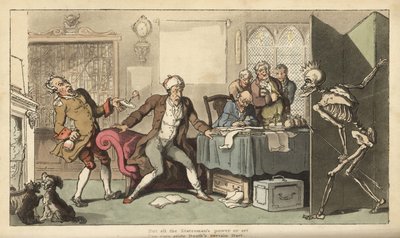 Statsmannen på kontoret hans er overrasket over skjelettfiguren Døden med kronen og pilen som dukker opp bak en skjerm. Håndfarget kobberplate tegnet og gravert av Thomas Rowlandson fra The English Dance of Death, Ackermann, London av Thomas Rowlandson