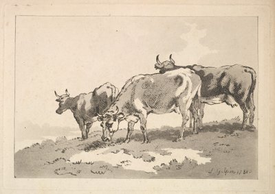 Tre kyr som står på åsryggen, 1784-87. av Thomas Rowlandson