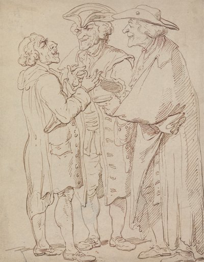 Tre figurer i full lengde av menn som snakker av Thomas Rowlandson