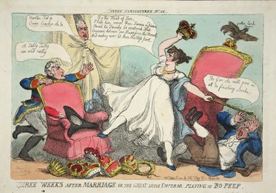Tre uker etter ekteskapet, eller den store lille keiseren som spiller Bo-Peep, pub. 1810 (håndfarget gravering) av Thomas Rowlandson
