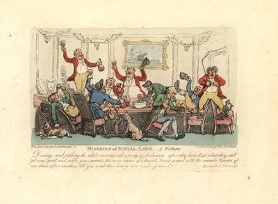 Sliten og beruset mann på et heseblesende middagsselskap med revejegere. av Thomas Rowlandson