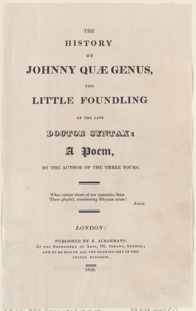 Tittelside, fra The History of Johnny Quae Genus, The Little Foundling of the Late Docto..., 1822. av Thomas Rowlandson
